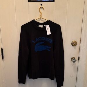 NWT Lacoste Men's Soft Black Sweater with Logo. Polyester/Alpaca/Wool Blend.